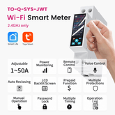 TO-Q-SYS-JWT DIN-Schienen Wi-Fi Smart-Stromzähler mit LCD-Bildschirm | 1P+N, Nennstrom 1-50A Einstellbar | mit Fernbedienung, Stromverbrauchsmonitor, Prepaid-Zähler, Automatische Wiedereinschaltung Tuya/Smart Life APP TONGOU